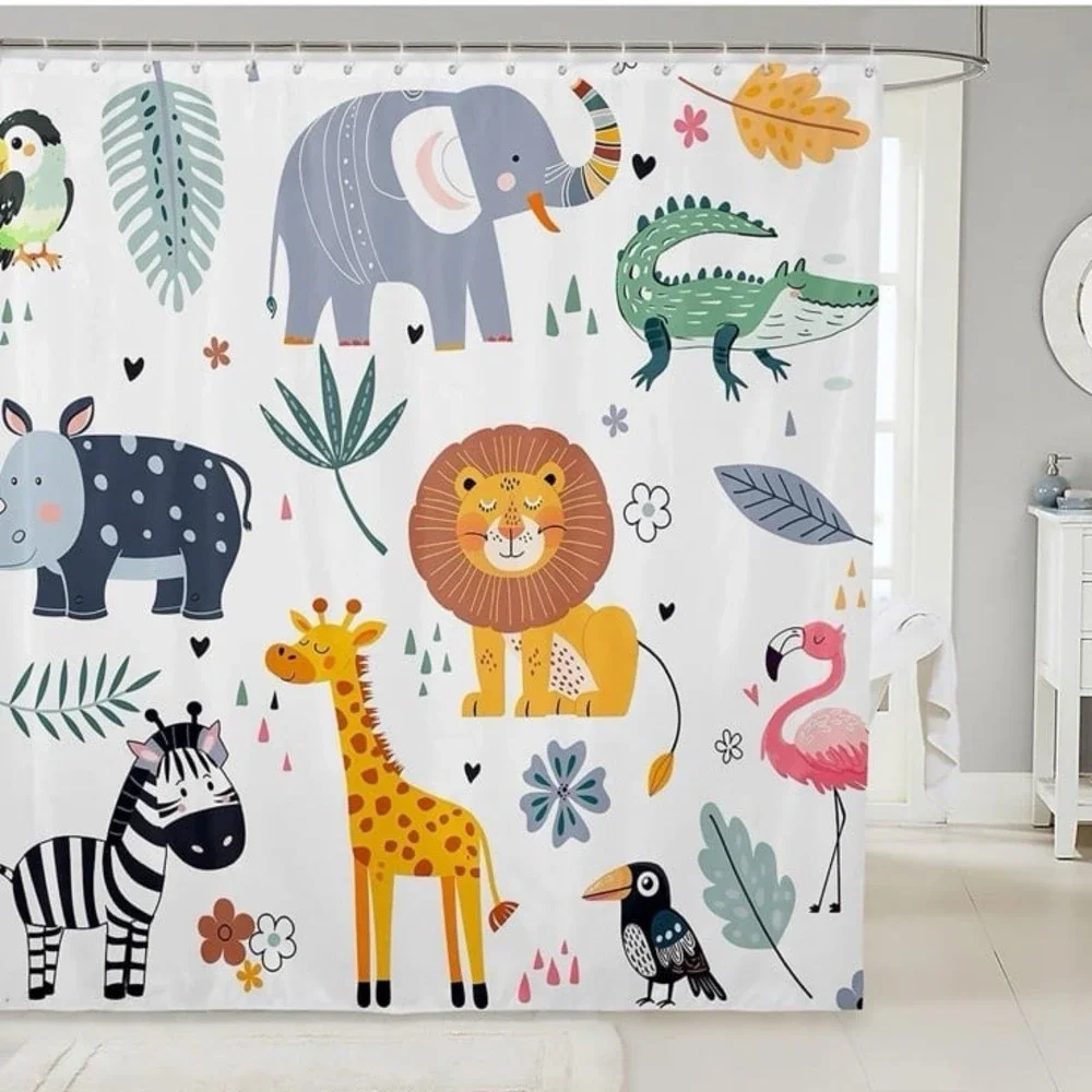 New Kids Zoo Animal Bath Curtain Cute Wild Animals Shower Curtain Cartoon Safari